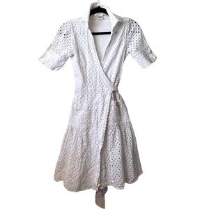 Diane von Furstenberg White Eyelet Short Sleeve Two Pocket Tie Back Wrap Dress